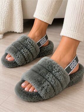 Ugg Fluff Yeah Women's Slingback Slippers Size 5 Olive Green